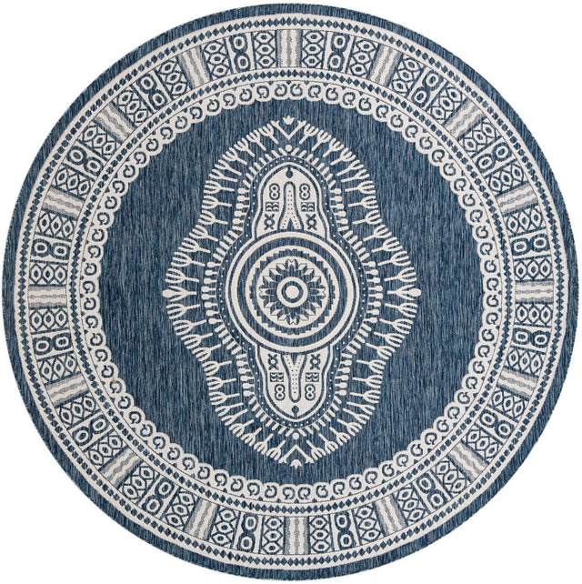 Blue 10' x 10' Outdoor Traditional Round Area Rug Weather Resistant for Patio, Deck, Terrace, Balcony, Porch Classical Design Outside Carpet for Sale at Rug Engine