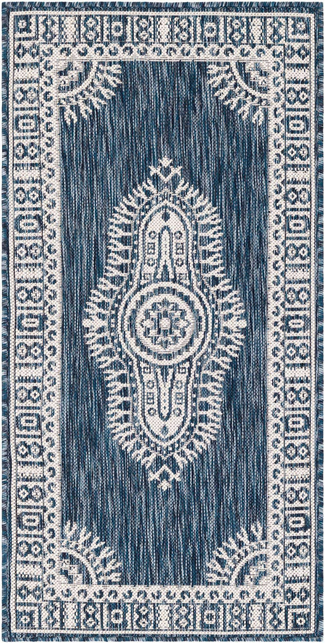 Blue 2' x 4' 1 Outdoor Traditional Runner Area Rug Weather Resistant for Patio, Deck, Terrace, Balcony, Porch Classical Design Outside Carpet for Sale at Rug Engine