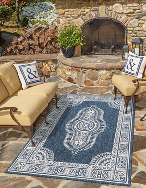 Blue 2' x 3' 1 Outdoor Traditional Rectangle Area Rug Weather Resistant for Patio, Deck, Terrace, Balcony, Porch Classical Design Outside Carpet for Sale at Rug Engine