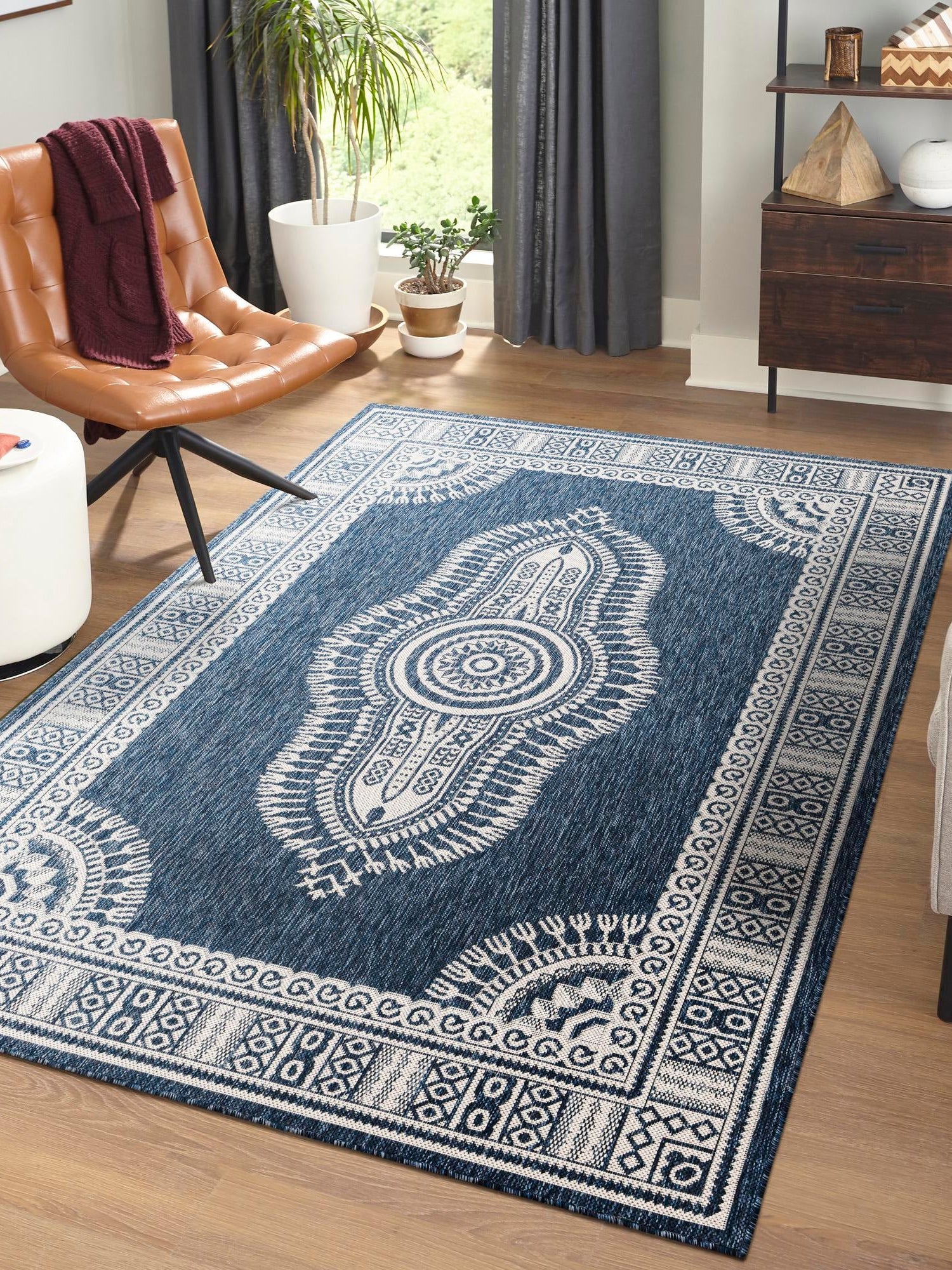 Blue 7' 10 x 10' Outdoor Traditional Rectangle Area Rug Weather Resistant for Patio, Deck, Terrace, Balcony, Porch Classical Design Outside Carpet for Sale at Rug Engine