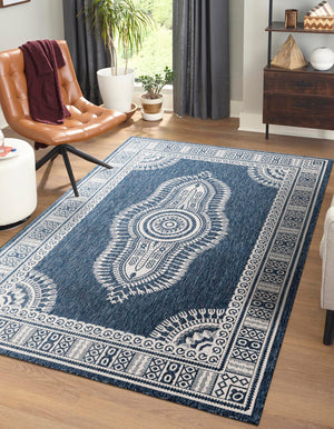 Blue 5' 3 x 7' 1 Outdoor Traditional Rectangle Area Rug Weather Resistant for Patio, Deck, Terrace, Balcony, Porch Classical Design Outside Carpet for Sale at Rug Engine