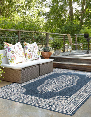 Blue 9' x 12' Outdoor Traditional Rectangle Area Rug Weather Resistant for Patio, Deck, Terrace, Balcony, Porch Classical Design Outside Carpet for Sale at Rug Engine
