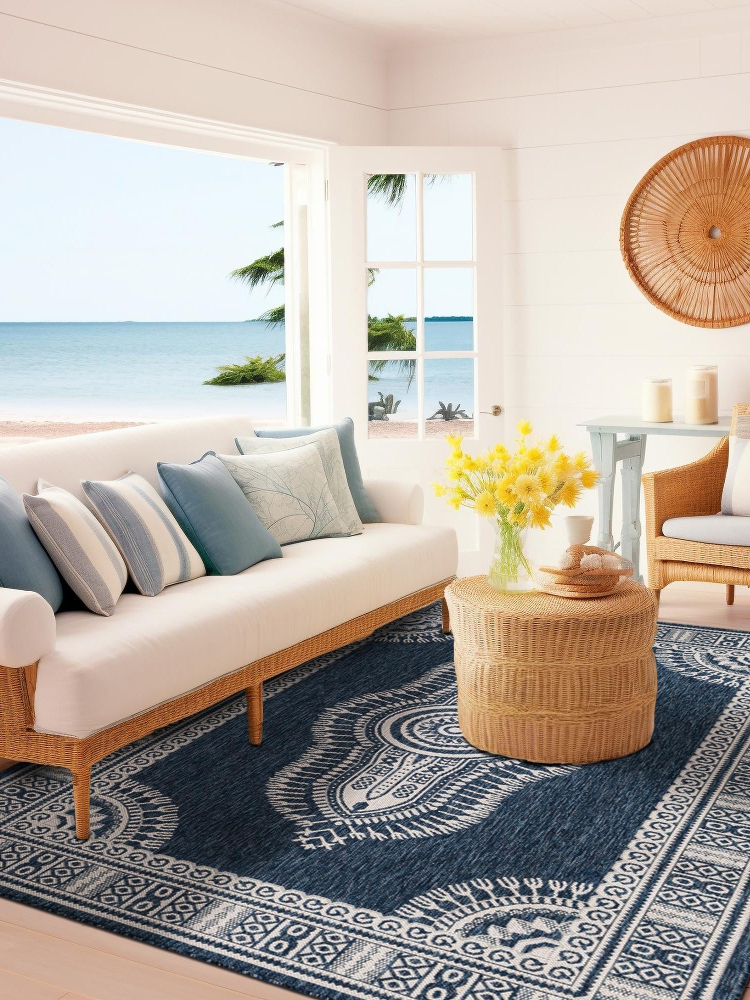 Blue 2' x 3' 1 Outdoor Traditional Rectangle Area Rug Weather Resistant for Patio, Deck, Terrace, Balcony, Porch Classical Design Outside Carpet for Sale at Rug Engine