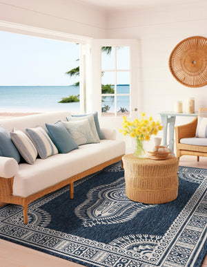 Blue 10' x 14' 1 Outdoor Traditional Rectangle Area Rug Weather Resistant for Patio, Deck, Terrace, Balcony, Porch Classical Design Outside Carpet for Sale at Rug Engine