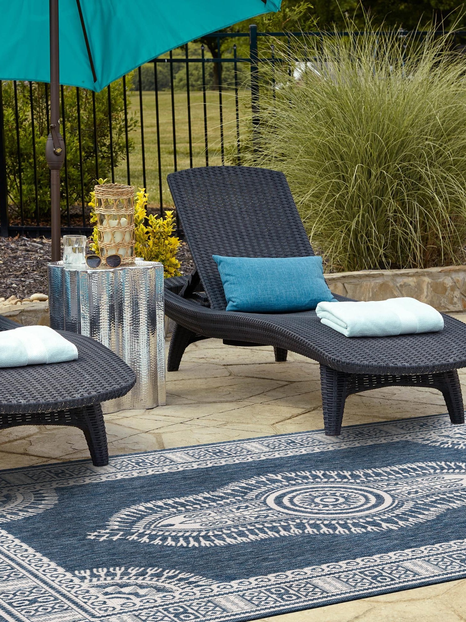 Blue 4' 1 x 6' 1 Outdoor Traditional Rectangle Area Rug Weather Resistant for Patio, Deck, Terrace, Balcony, Porch Classical Design Outside Carpet for Sale at Rug Engine