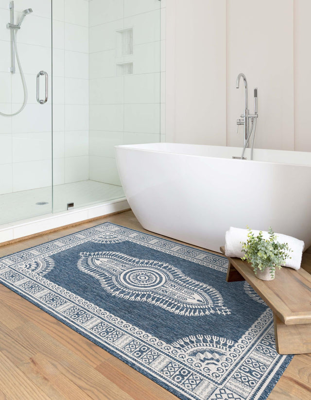 Blue 9' x 12' Outdoor Traditional Rectangle Area Rug Weather Resistant for Patio, Deck, Terrace, Balcony, Porch Classical Design Outside Carpet for Sale at Rug Engine