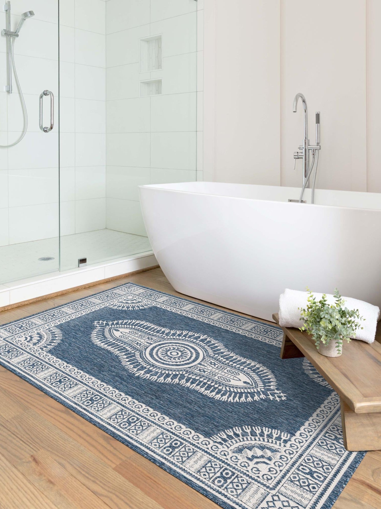 Blue 4' 1 x 6' 1 Outdoor Traditional Rectangle Area Rug Weather Resistant for Patio, Deck, Terrace, Balcony, Porch Classical Design Outside Carpet for Sale at Rug Engine