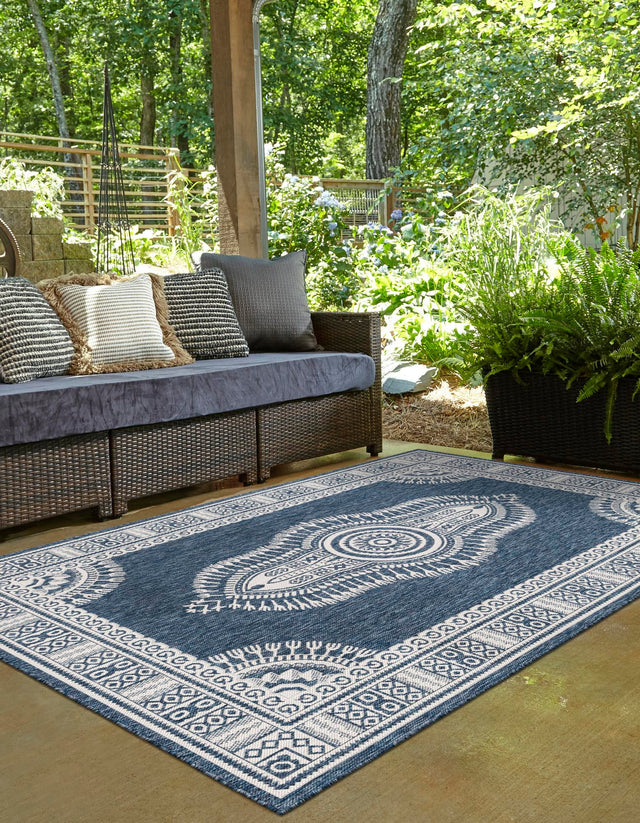 Blue 9' x 12' Outdoor Traditional Rectangle Area Rug Weather Resistant for Patio, Deck, Terrace, Balcony, Porch Classical Design Outside Carpet for Sale at Rug Engine