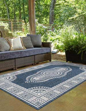 Blue 7' 10 x 10' Outdoor Traditional Rectangle Area Rug Weather Resistant for Patio, Deck, Terrace, Balcony, Porch Classical Design Outside Carpet for Sale at Rug Engine