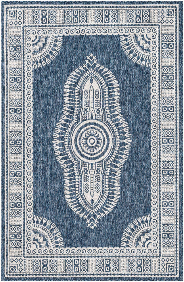 Blue 5' 3 x 8' Outdoor Traditional Rectangle Area Rug Weather Resistant for Patio, Deck, Terrace, Balcony, Porch Classical Design Outside Carpet for Sale at Rug Engine