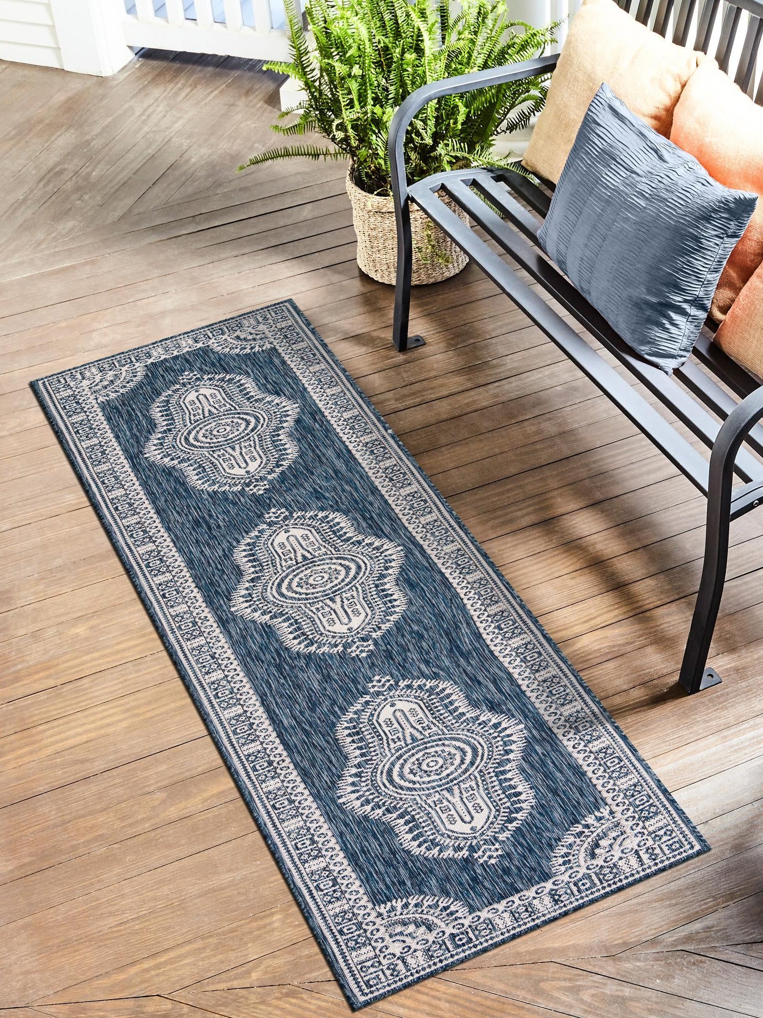 Blue 2' x 4' 1 Outdoor Traditional Runner Area Rug Weather Resistant for Patio, Deck, Terrace, Balcony, Porch Classical Design Outside Carpet for Sale at Rug Engine