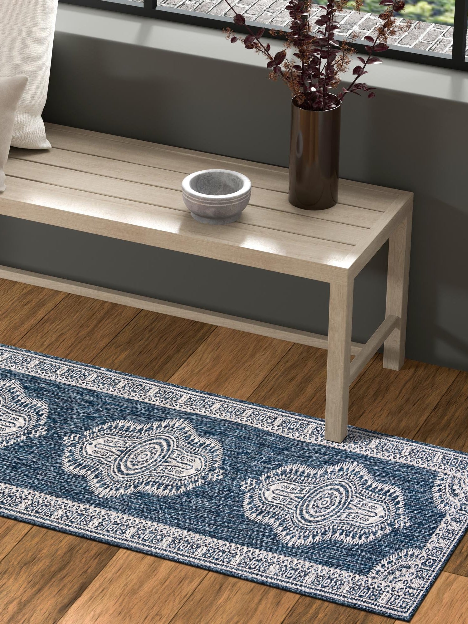 Blue 2' 7 x 12' Outdoor Traditional Runner Area Rug Weather Resistant for Patio, Deck, Terrace, Balcony, Porch Classical Design Outside Carpet for Sale at Rug Engine