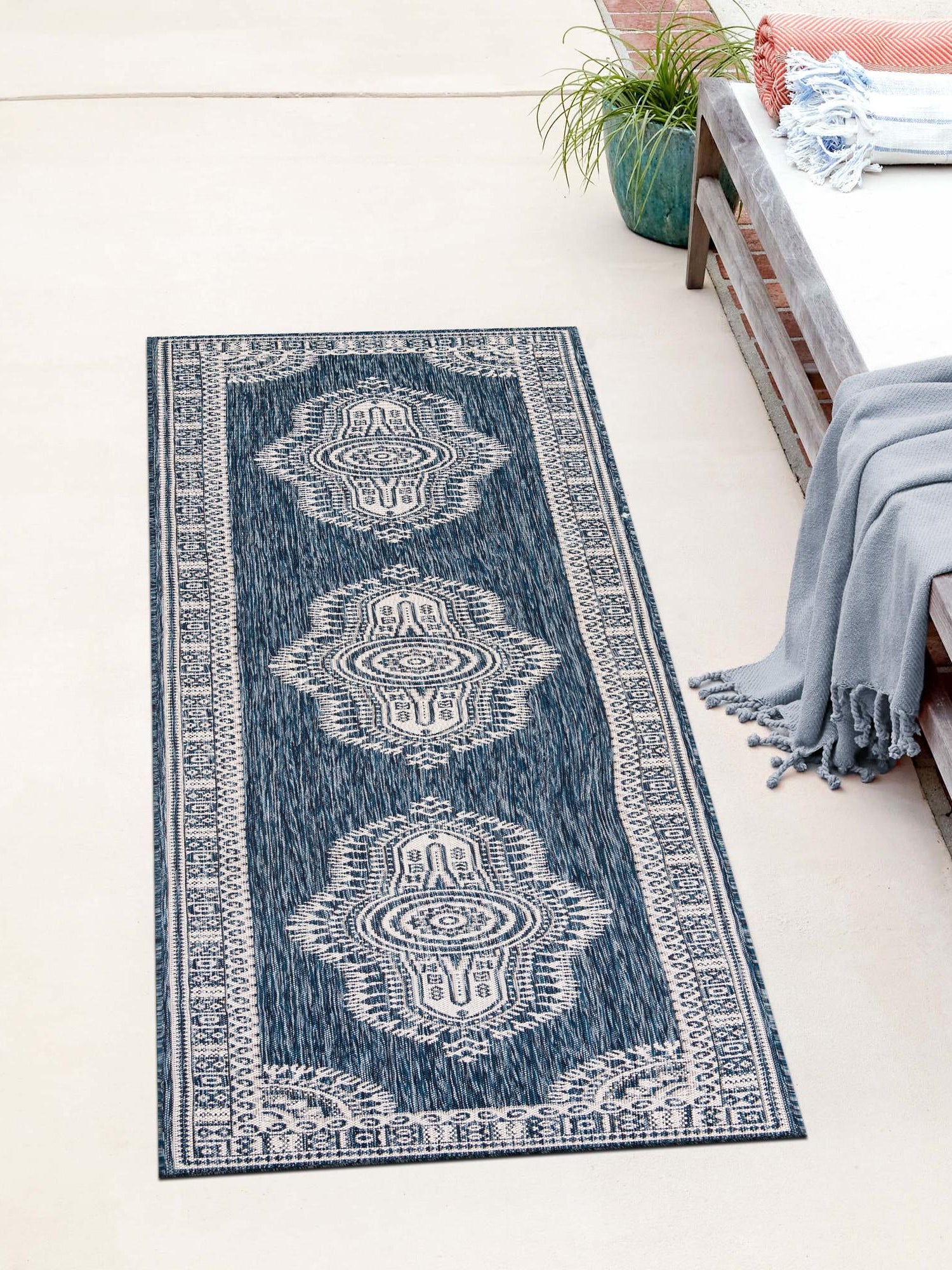 Blue 2' x 6' 1 Outdoor Traditional Runner Area Rug Weather Resistant for Patio, Deck, Terrace, Balcony, Porch Classical Design Outside Carpet for Sale at Rug Engine