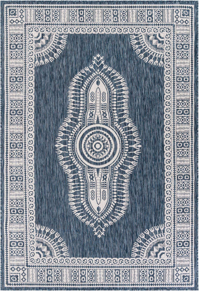 Blue 6' 1 x 9' Outdoor Traditional Rectangle Area Rug Weather Resistant for Patio, Deck, Terrace, Balcony, Porch Classical Design Outside Carpet for Sale at Rug Engine