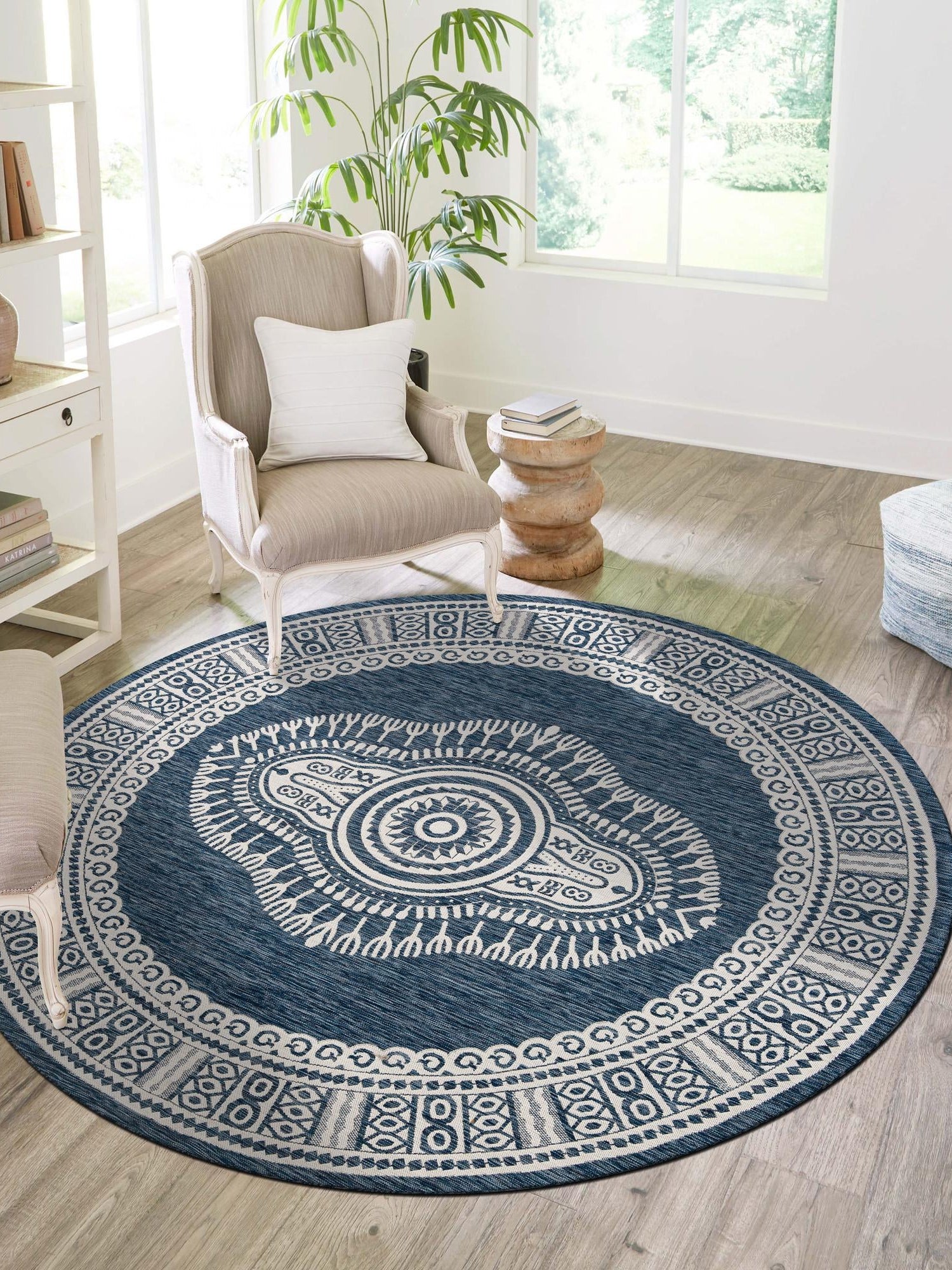 Blue 7' 10 x 7' 10 Outdoor Traditional Round Area Rug Weather Resistant for Patio, Deck, Terrace, Balcony, Porch Classical Design Outside Carpet for Sale at Rug Engine