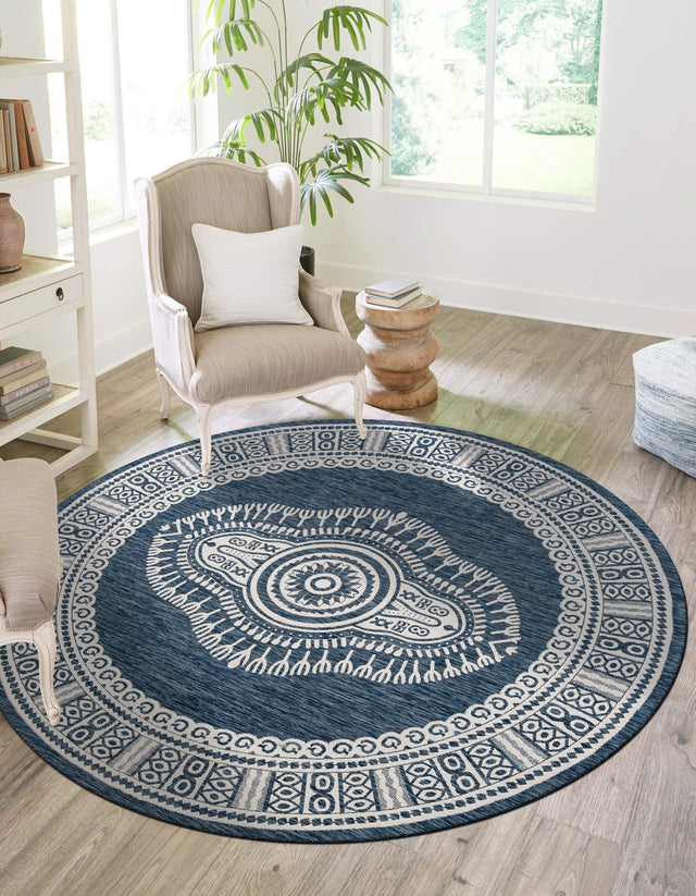 Blue 10' x 10' Outdoor Traditional Round Area Rug Weather Resistant for Patio, Deck, Terrace, Balcony, Porch Classical Design Outside Carpet for Sale at Rug Engine