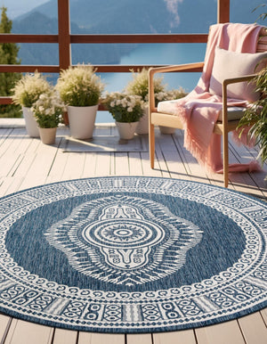 Blue 12' x 12' Outdoor Traditional Round Area Rug Weather Resistant for Patio, Deck, Terrace, Balcony, Porch Classical Design Outside Carpet for Sale at Rug Engine