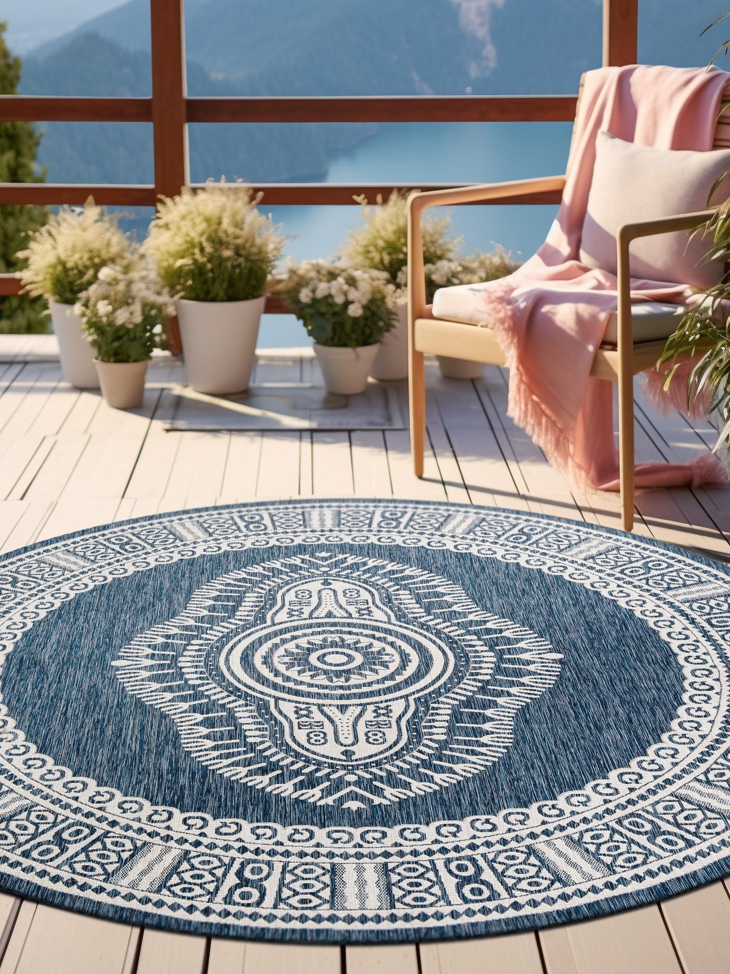 Blue 7' 10 x 7' 10 Outdoor Traditional Round Area Rug Weather Resistant for Patio, Deck, Terrace, Balcony, Porch Classical Design Outside Carpet for Sale at Rug Engine