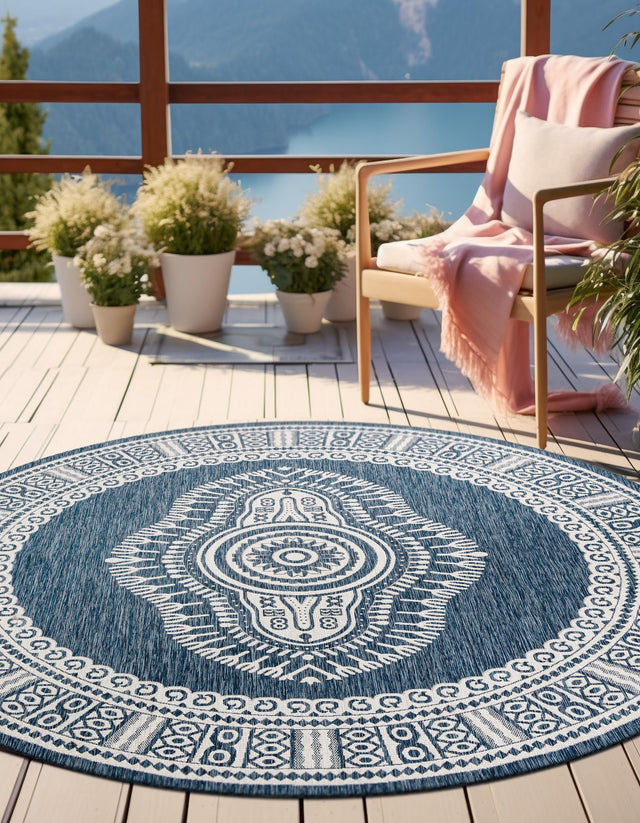 Blue 3' 1 x 3' 1 Outdoor Traditional Round Area Rug Weather Resistant for Patio, Deck, Terrace, Balcony, Porch Classical Design Outside Carpet for Sale at Rug Engine