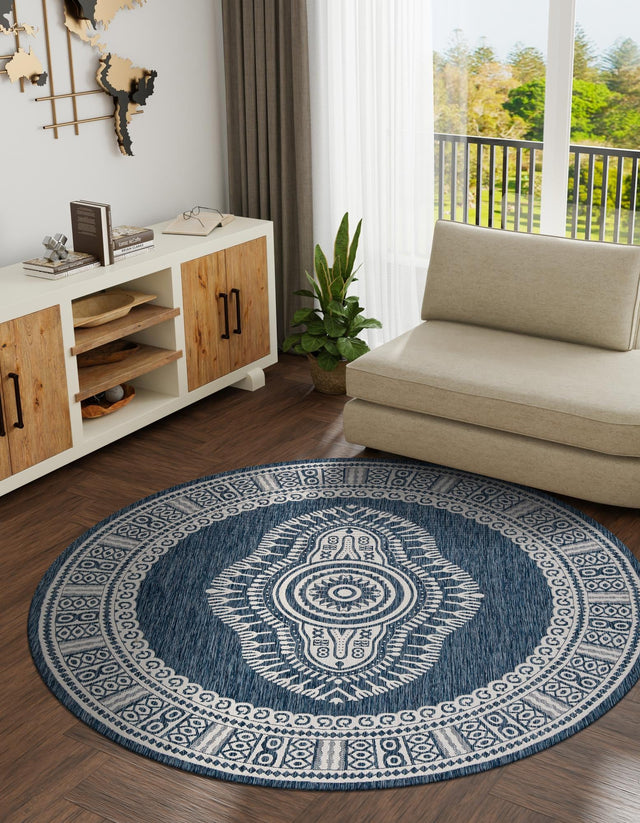 Blue 12' x 12' Outdoor Traditional Round Area Rug Weather Resistant for Patio, Deck, Terrace, Balcony, Porch Classical Design Outside Carpet for Sale at Rug Engine