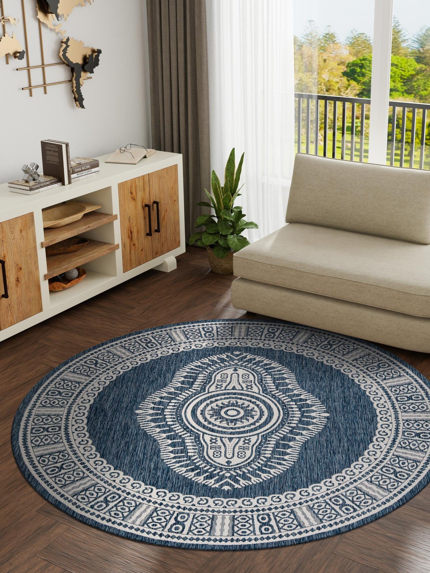Blue 3' 1 x 3' 1 Outdoor Traditional Round Area Rug Weather Resistant for Patio, Deck, Terrace, Balcony, Porch Classical Design Outside Carpet for Sale at Rug Engine