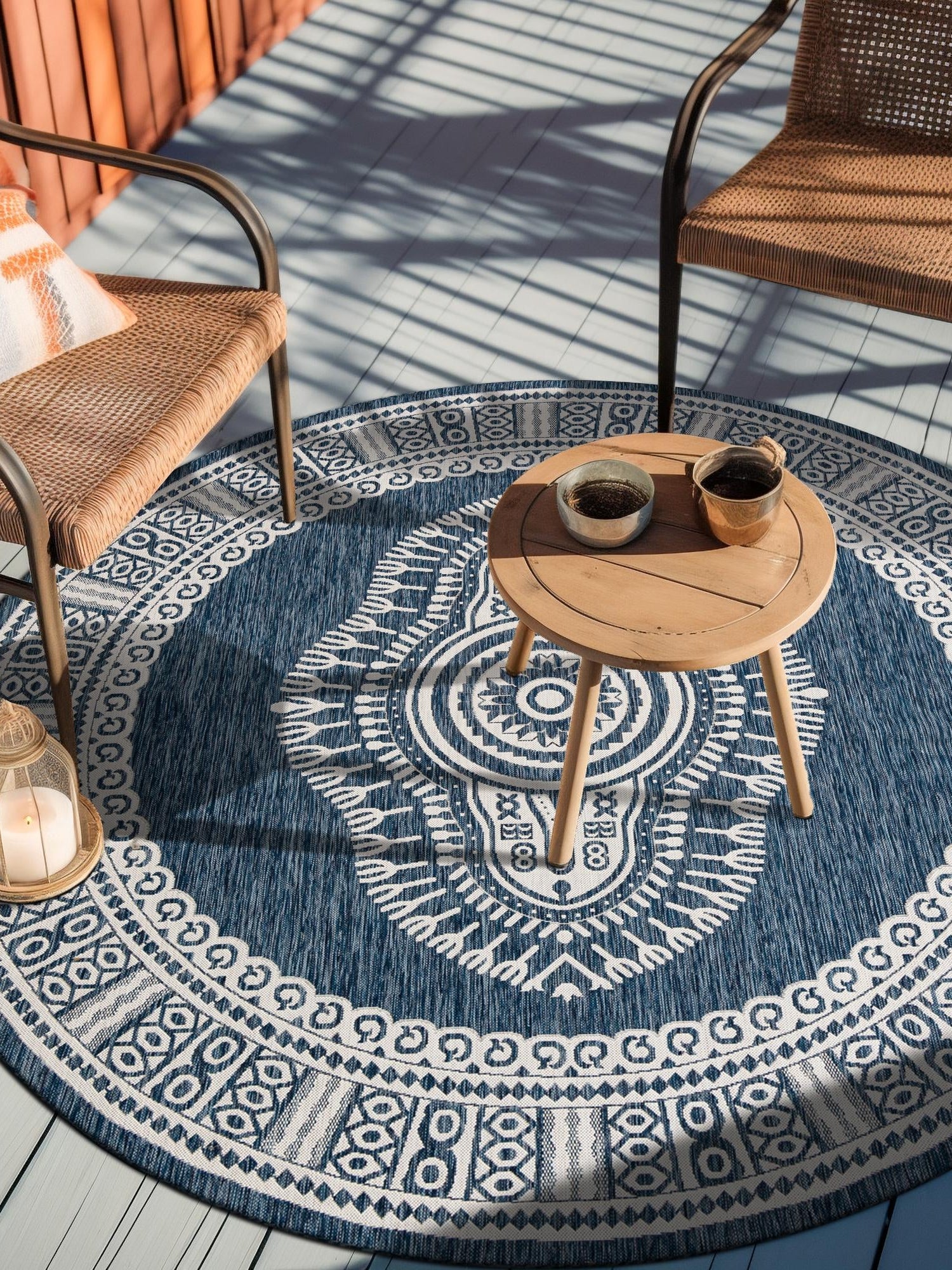 Blue 7' 10 x 7' 10 Outdoor Traditional Round Area Rug Weather Resistant for Patio, Deck, Terrace, Balcony, Porch Classical Design Outside Carpet for Sale at Rug Engine