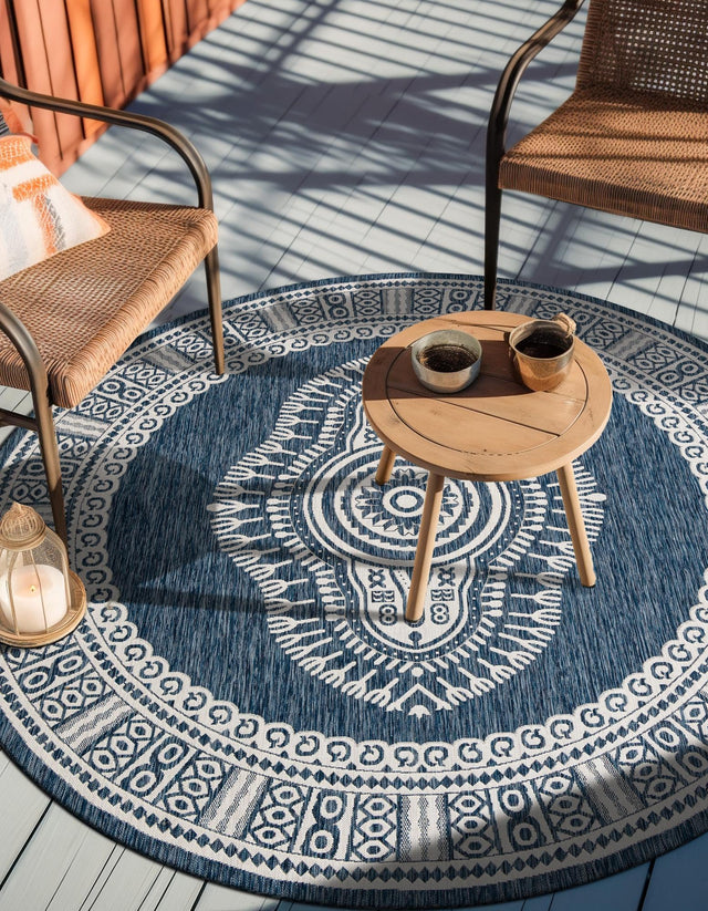 Blue 3' 1 x 3' 1 Outdoor Traditional Round Area Rug Weather Resistant for Patio, Deck, Terrace, Balcony, Porch Classical Design Outside Carpet for Sale at Rug Engine