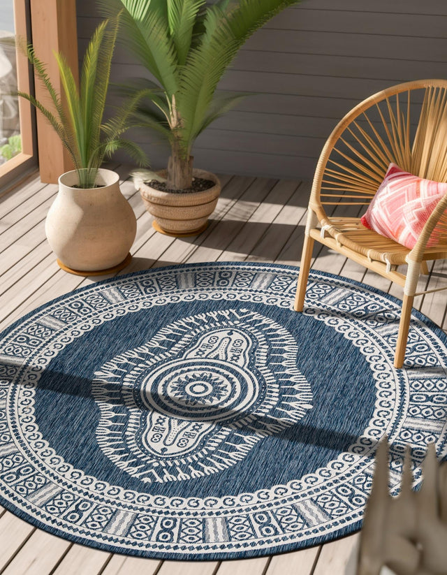 Blue 12' x 12' Outdoor Traditional Round Area Rug Weather Resistant for Patio, Deck, Terrace, Balcony, Porch Classical Design Outside Carpet for Sale at Rug Engine