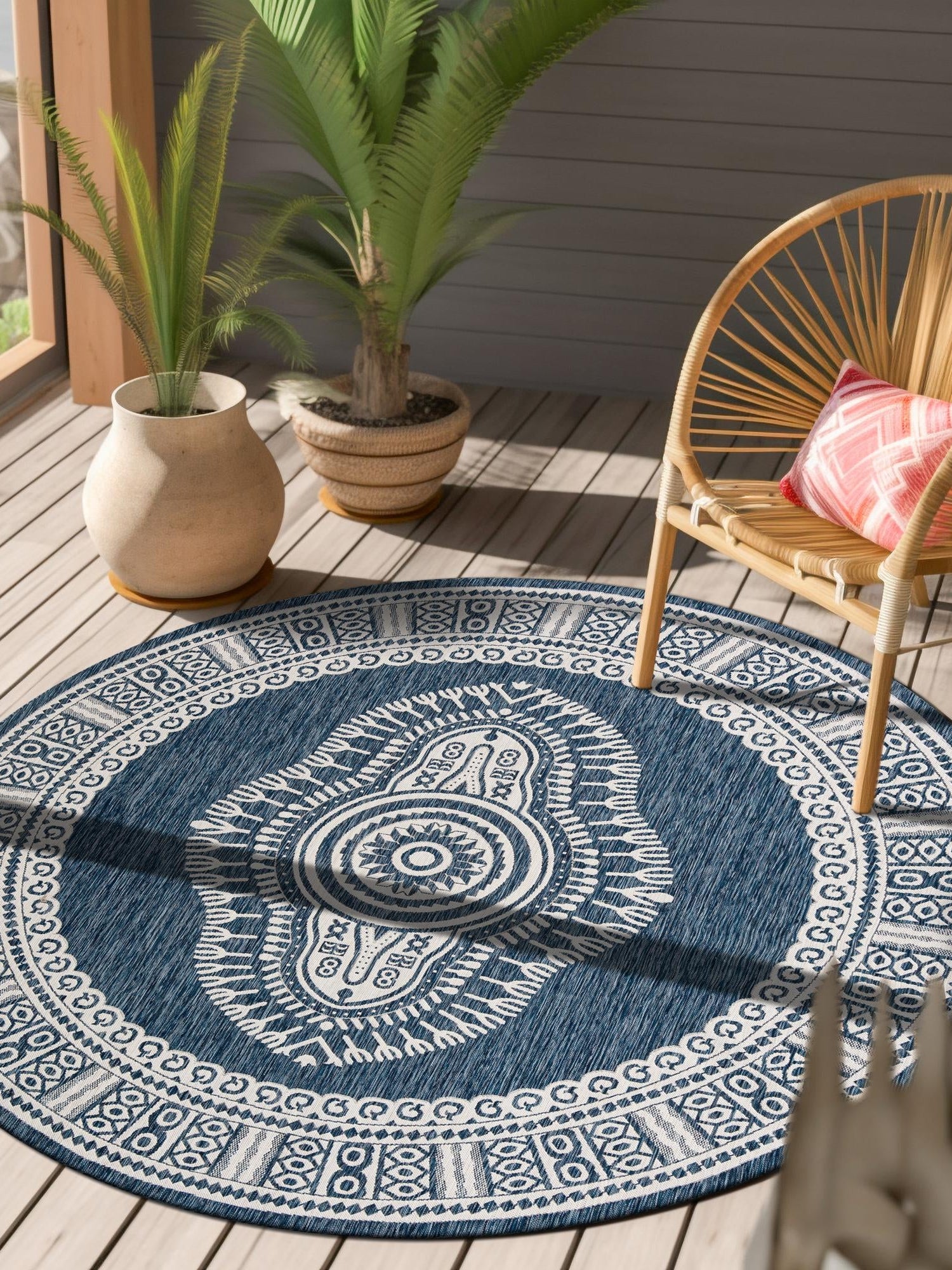 Blue 6' 1 x 6' 1 Outdoor Traditional Round Area Rug Weather Resistant for Patio, Deck, Terrace, Balcony, Porch Classical Design Outside Carpet for Sale at Rug Engine