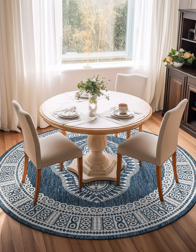 Blue 12' x 12' Outdoor Traditional Round Area Rug Weather Resistant for Patio, Deck, Terrace, Balcony, Porch Classical Design Outside Carpet for Sale at Rug Engine