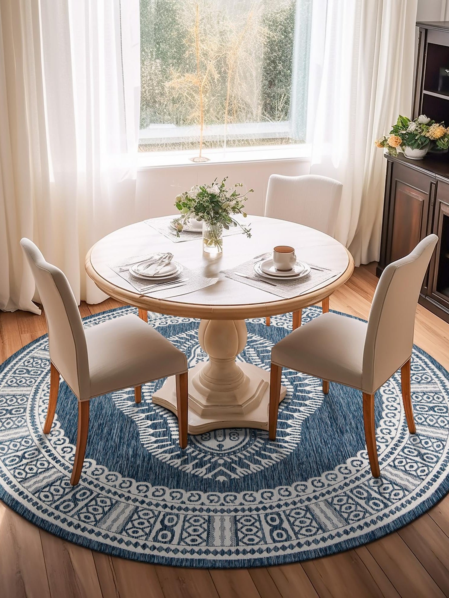 Blue 6' 1 x 6' 1 Outdoor Traditional Round Area Rug Weather Resistant for Patio, Deck, Terrace, Balcony, Porch Classical Design Outside Carpet for Sale at Rug Engine