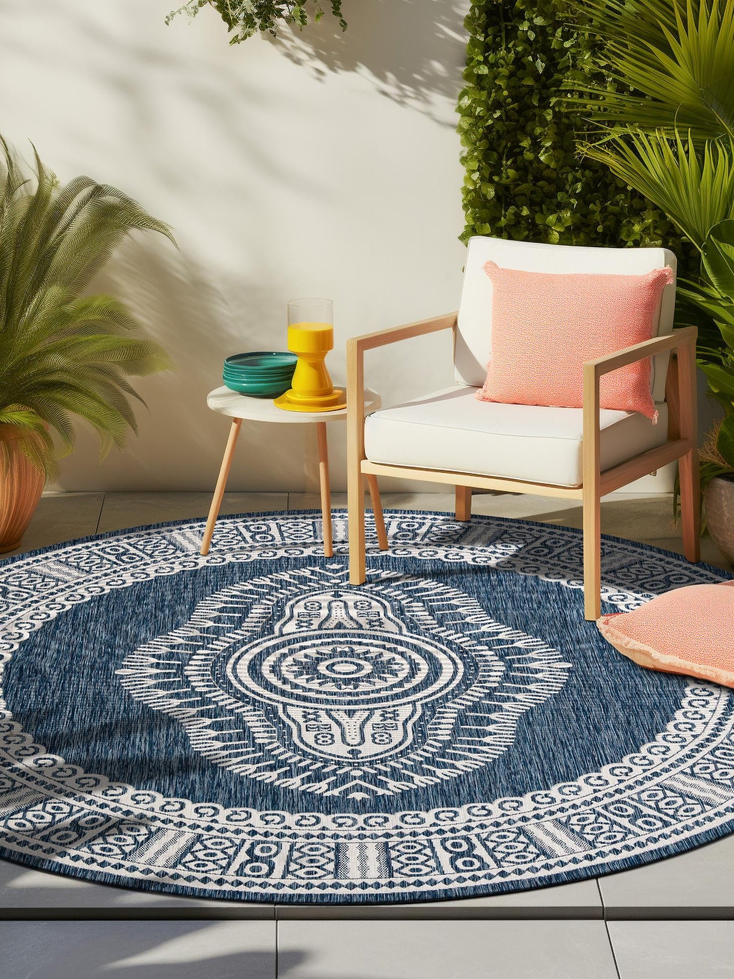 Blue 6' 1 x 6' 1 Outdoor Traditional Round Area Rug Weather Resistant for Patio, Deck, Terrace, Balcony, Porch Classical Design Outside Carpet for Sale at Rug Engine