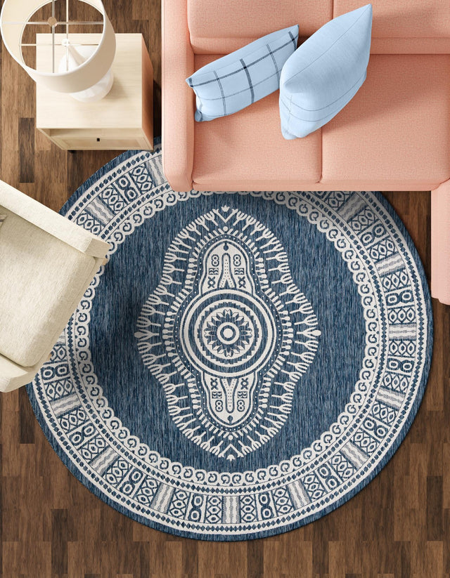 Blue 12' x 12' Outdoor Traditional Round Area Rug Weather Resistant for Patio, Deck, Terrace, Balcony, Porch Classical Design Outside Carpet for Sale at Rug Engine