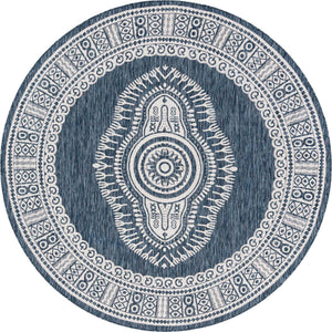 Blue 7' 10 x 7' 10 Outdoor Traditional Round Area Rug Weather Resistant for Patio, Deck, Terrace, Balcony, Porch Classical Design Outside Carpet for Sale at Rug Engine