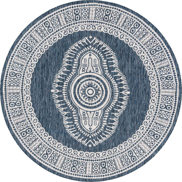 Blue 7' 10 x 7' 10 Outdoor Traditional Round Area Rug Weather Resistant for Patio, Deck, Terrace, Balcony, Porch Classical Design Outside Carpet for Sale at Rug Engine
