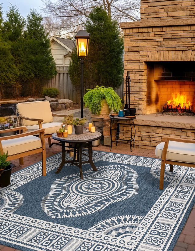 Blue 7' 10 x 7' 10 Outdoor Traditional Square Area Rug Weather Resistant for Patio, Deck, Terrace, Balcony, Porch Classical Design Outside Carpet for Sale at Rug Engine