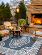 Blue 7' 10 x 7' 10 Outdoor Traditional Square Area Rug Weather Resistant for Patio, Deck, Terrace, Balcony, Porch Classical Design Outside Carpet for Sale at Rug Engine