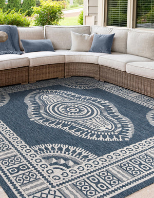 Blue 12' x 12' Outdoor Traditional Square Area Rug Weather Resistant for Patio, Deck, Terrace, Balcony, Porch Classical Design Outside Carpet for Sale at Rug Engine