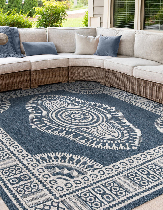 Blue 7' 10 x 7' 10 Outdoor Traditional Square Area Rug Weather Resistant for Patio, Deck, Terrace, Balcony, Porch Classical Design Outside Carpet for Sale at Rug Engine