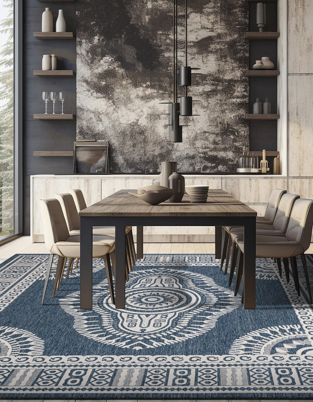 Blue 12' x 12' Outdoor Traditional Square Area Rug Weather Resistant for Patio, Deck, Terrace, Balcony, Porch Classical Design Outside Carpet for Sale at Rug Engine