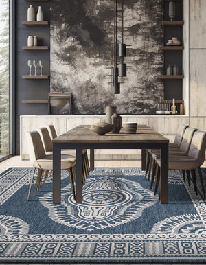 Blue 10' x 10' Outdoor Traditional Square Area Rug Weather Resistant for Patio, Deck, Terrace, Balcony, Porch Classical Design Outside Carpet for Sale at Rug Engine
