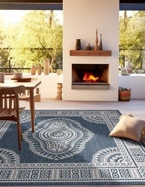 Blue 10' x 10' Outdoor Traditional Square Area Rug Weather Resistant for Patio, Deck, Terrace, Balcony, Porch Classical Design Outside Carpet for Sale at Rug Engine