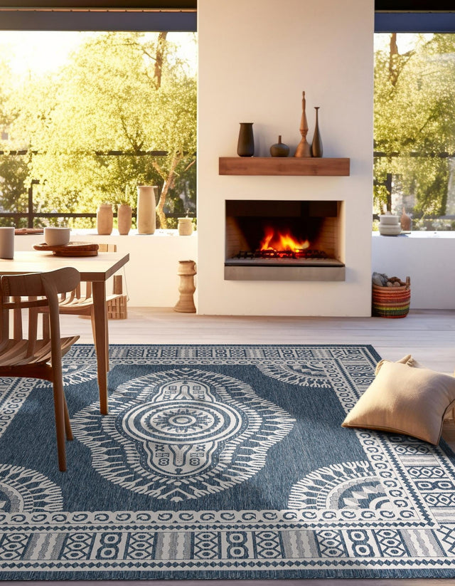 Blue 10' x 10' Outdoor Traditional Square Area Rug Weather Resistant for Patio, Deck, Terrace, Balcony, Porch Classical Design Outside Carpet for Sale at Rug Engine