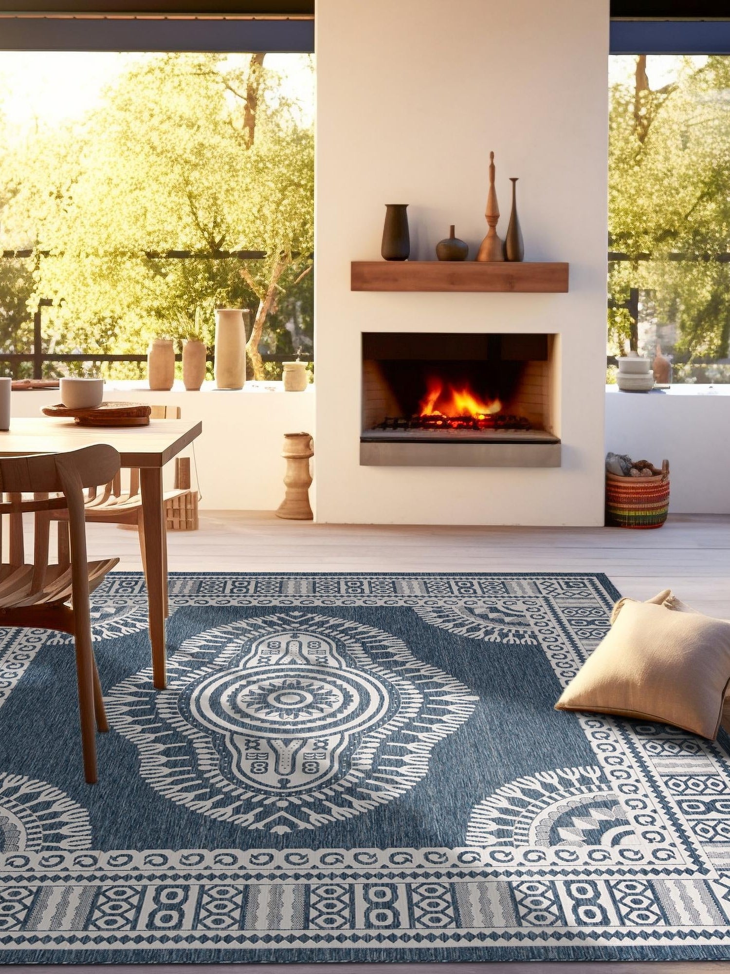 Blue 7' 10 x 7' 10 Outdoor Traditional Square Area Rug Weather Resistant for Patio, Deck, Terrace, Balcony, Porch Classical Design Outside Carpet for Sale at Rug Engine