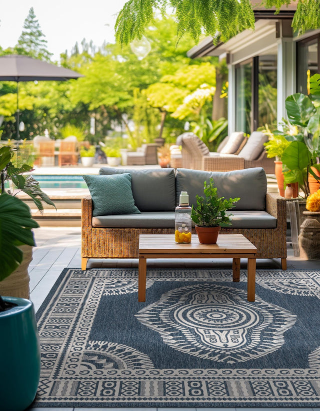 Blue 12' x 12' Outdoor Traditional Square Area Rug Weather Resistant for Patio, Deck, Terrace, Balcony, Porch Classical Design Outside Carpet for Sale at Rug Engine