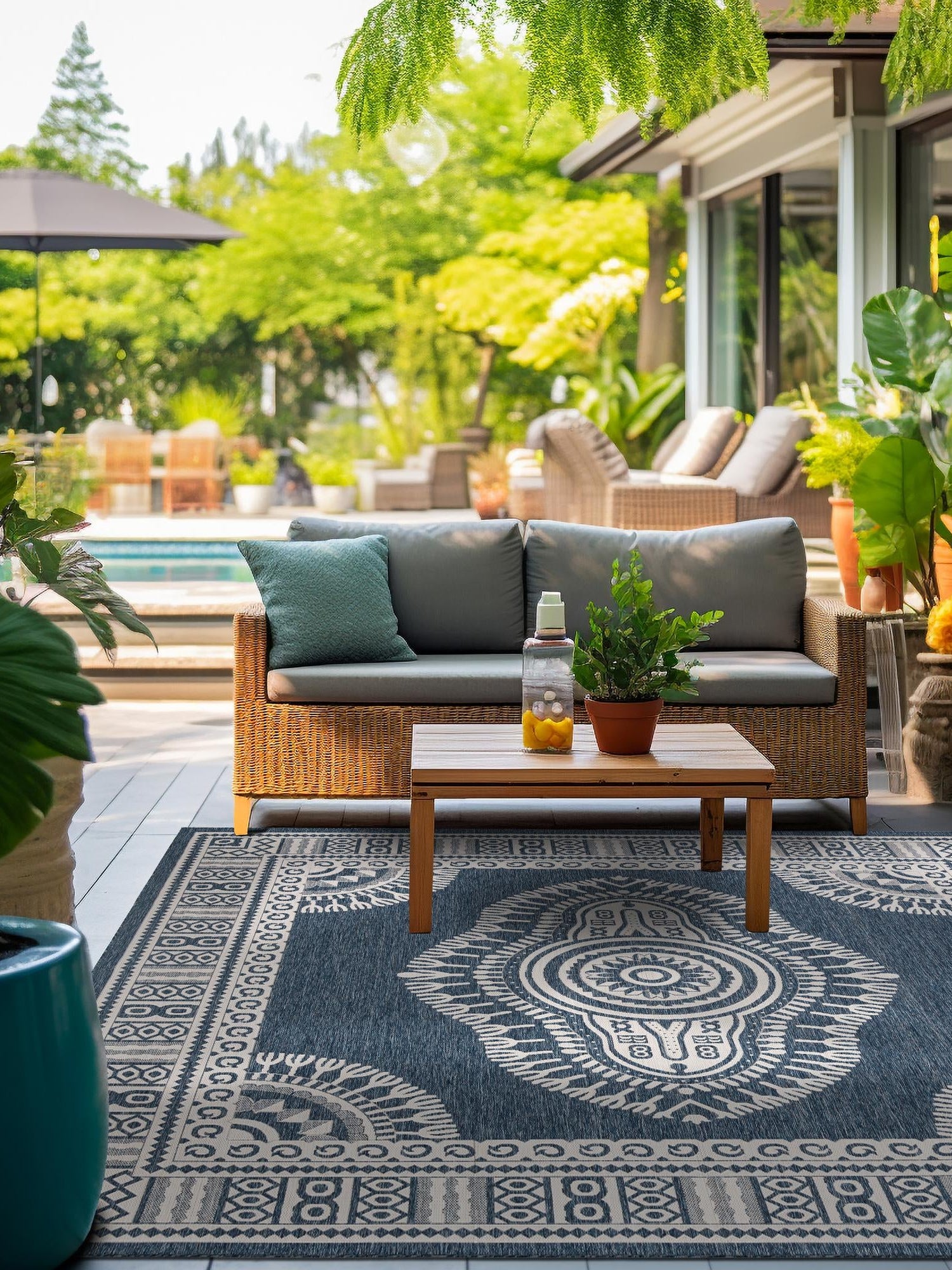 Blue 10' x 10' Outdoor Traditional Square Area Rug Weather Resistant for Patio, Deck, Terrace, Balcony, Porch Classical Design Outside Carpet for Sale at Rug Engine