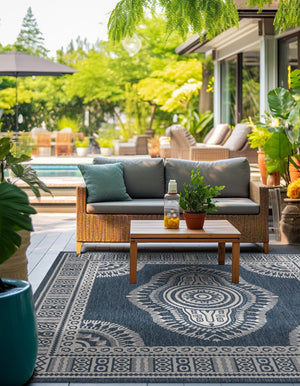 Blue 7' 10 x 7' 10 Outdoor Traditional Square Area Rug Weather Resistant for Patio, Deck, Terrace, Balcony, Porch Classical Design Outside Carpet for Sale at Rug Engine