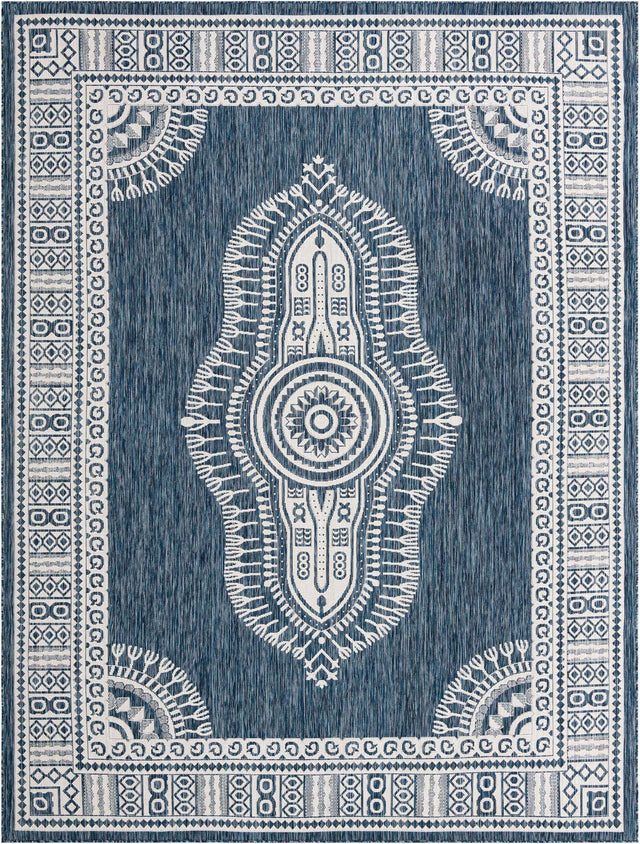 Blue 9' x 12' Outdoor Traditional Rectangle Area Rug Weather Resistant for Patio, Deck, Terrace, Balcony, Porch Classical Design Outside Carpet for Sale at Rug Engine