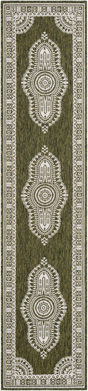 Green 2' 7 x 12' Outdoor Traditional Runner Area Rug Weather Resistant for Patio, Deck, Terrace, Balcony, Porch Classical Design Outside Carpet for Sale at Rug Engine