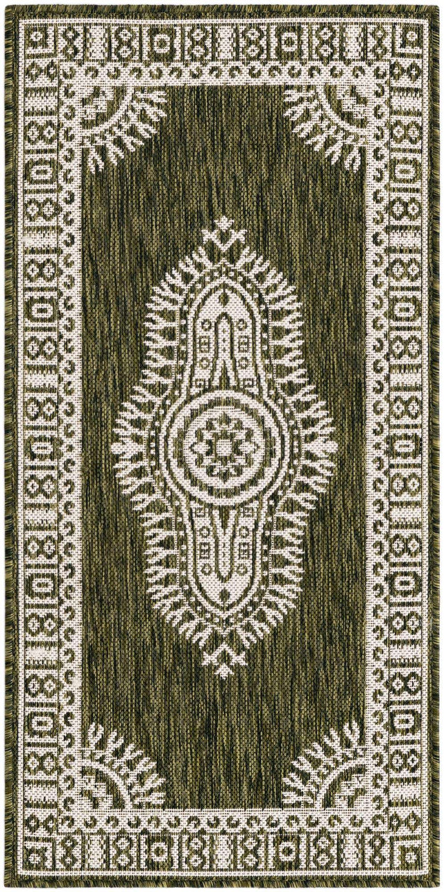 Green 2' x 4' 1 Outdoor Traditional Runner Area Rug Weather Resistant for Patio, Deck, Terrace, Balcony, Porch Classical Design Outside Carpet for Sale at Rug Engine